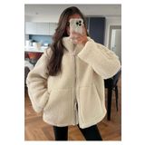 moda armanc Bej Dik Yakalı Cepli Kadın Peluş Mont