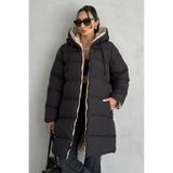 moda armanc Çift Taraflı Oversize Kadın Şişme Mont – Kapüşonlu Regular Fit, SiyahBej