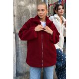 moda armanc Dik Yakalı Cepli Oversize Kadın Peluş Mont - Bordo