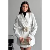 Moda Armanc Kadın 3 Kemerli Blazer Ceket Gold Tokalı Kruvaze Kesim - XL - Beyaz