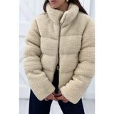 moda armanc Kadın Bej Peluş Teddy Mont – Fermuarlı, Şişme, Kışlık Oversize Kürk Kaban