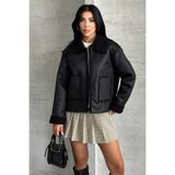 moda armanc Kadın Çift Cepli İçi Suni Kürklü Suni Deri Biker Mont