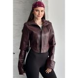 moda armanc Kadın Crop Deri Ceket - Bordo Yeni Sezon Korse Detaylı