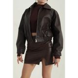 moda armanc Kadın Deri Bomber Ceket - Yeni Sezon Oversize Crop Suni Deri Mont (Siyah Kahverengi Bordo)