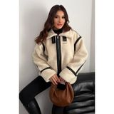 Moda Armanc Kadın Deri Detaylı Oversize Peluş Mont - Premium Tasarım Biker Teddy Kaban Ceket - Bej