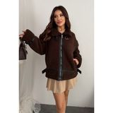 Moda Armanc Kadın Deri Detaylı Oversize Peluş Mont - Premium Tasarım Biker Teddy Kaban Ceket - Kahverengi