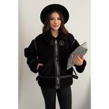 Moda Armanc Kadın Deri Detaylı Oversize Peluş Mont - Premium Tasarım Biker Teddy Kaban Ceket - Siyah
