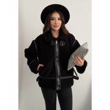 moda armanc Kadın Deri Detaylı Oversize Peluş Mont - Premium Tasarım Biker Teddy Kaban Ceket