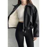 moda armanc Kadın İçi Kürklü Oversize Deri Mont - Peluş Astarlı Biker Deri Ceket