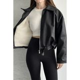Moda Armanc Kadın Içi Kürklü Suni Deri Ceket - Oversize Içi Peluş Astarlı Premium Biker Mont - Siyah