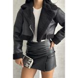 moda armanc Kadın İçi Kürklü Suni Deri Mont - Crop Biker Deri Ceket