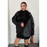 moda armanc Kadın İçi Peluş Kürklü Oversize Suni Deri Mont - Else Lamine Süet Ceket