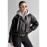 moda armanc Kadın Kapüşonlu Kahverengi Deri Ceket Oversize Crop Hoodie Detaylı Kol Kemerli