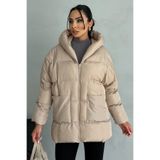 moda armanc Kadın Kapüşonlu Oversize Bej Şişme Mont – Puffer Yarasa Kol Kışlık Kaban