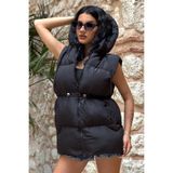 moda armanc Kadın Kapüşonlu Şişme Yelek Siyah – Oversize Su itici Bel Büzgülü Spor Yelek