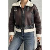 Moda Armanc Kadın Kemerli Içi Kürklü Deri Mont - Biker Deri Ceket - Kahve - Beyaz