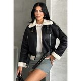 Moda Armanc Kadın Kemerli Içi Kürklü Deri Mont - Biker Deri Ceket - Siyah - Beyaz