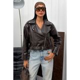 Moda Armanc Kadın Kemerli Oversize Crop Deri Ceket - Yeni Sezon Biker Deri Ceket - Acı Kahve