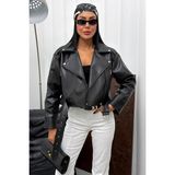 Moda Armanc Kadın Kemerli Oversize Crop Deri Ceket - Yeni Sezon Biker Deri Ceket - Siyah