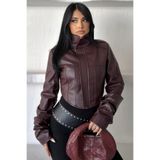 moda armanc Kadın Korse Detaylı Dik Yaka Crop Biker Deri Ceket