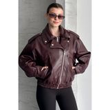 Moda Armanc Kadın Oversize Deri Bomber Ceket - Yeni Sezon Premium Biker Deri Mont - L - Bordo