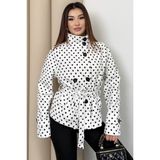 Moda Armanc Kadın Puantiye Desenli Kuşaklı Trençkot Ceket Dik Yaka Yeni Sezon Viral Ceket - Beyaz