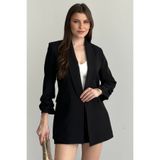 moda armanc Kadın Siyah Blazer Ceket Büzgülü Kol Detaylı Şık Ofis Ceket Kruvaze Yaka Modern Blazer Ceket
