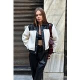moda armanc Kadın Siyah Deri Detaylı Peluş Bomber Ceket - Oversize