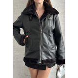 moda armanc Kadın Siyah İçi İpek Kürklü Oversize Suni Deri Mont - Biker Shearling Ceket