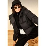 moda armanc Kadın Siyah Kapüşonlu Şişme Mont - Oversize, Yaka Bağcıklı