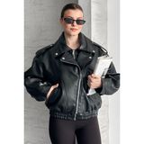 moda armanc Kadın Siyah Oversize Deri Bomber Ceket - Yeni Sezon Premium Biker Deri Mont