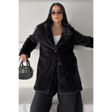 moda armanc Kadın Siyah Peluş Ceket Yaka Düğmeli Oversize Kürk Kaban Mont