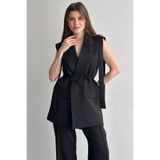moda armanc Kadın Yelek Pantolon Alt Üst Takım Kuşak Detaylı Blazer Yelek Palazzo Pantolon Şık İkili Takım
