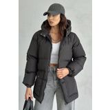 moda armanc Kapüşonlu Oversize Kadın Siyah Şişme Mont - 4 Cep Detaylı
