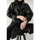moda armanc Suni Deri Balon Kol Siyah Biker Ceket