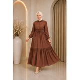 Moda Asi Modaasi Modern Kesim Lara Yarım Düğmeli Gömlek Yaka Tesettür Elbise - 38 - 40 - Kahverengi