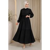 Moda Asi Modaasi Modern Kesim Lara Yarım Düğmeli Gömlek Yaka Tesettür Elbise - 38 - 40 - Siyah