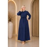 Moda Asi Modaasi Modern Kesim Lara Yarım Düğmeli Gömlek Yaka Tesettür Elbise - 46 - 48 - Lacivert