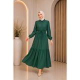 Moda Asi Modaasi Modern Kesim Lara Yarım Düğmeli Gömlek Yaka Tesettür Elbise - 50 - 52 - Yeşil