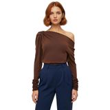 Moda Asimetrik Yaka Örme Regular Düz Desen Resmi Regular Uzun Kol Bluz_Kahverengi-XS