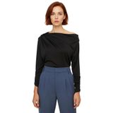 Moda Asimetrik Yaka Örme Regular Düz Desen Resmi Regular Uzun Kol Bluz_Siyah-XS