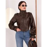 Moda Banuş Cup Detay Crop Kahverengi Deri Ceket - L