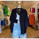 Moda Benna Kadın Düşük Omuz Oversize Keten Gömlek Yeni Sezon Yazlık - 001-Siyah - Standart