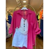 Moda Benna Kadın Düşük Omuz Oversize Keten Gömlek Yeni Sezon Yazlık - 00469 Fuşya - Standart