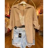 Moda Benna Kadın Düşük Omuz Oversize Keten Gömlek Yeni Sezon Yazlık - Camel - Standart