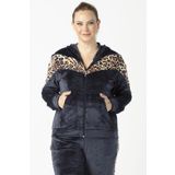 Moda Berray 1927 Leopar Detaylı Lacivert Tam Kalıp Tarz Kapüşonlu Kadife Büyük Beden Kadın Eşofman Takımı