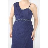 Moda Berray 2402 Tek Omuzu Kalın Simli Kumaş Beli İşlemeli Yırtmaçlı Abiye Lacivert-44