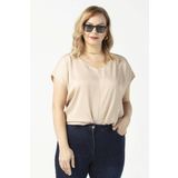 Moda Berray 3203 Vizon Saten V Yaka Kısa Kollu Büyük Beden Şık Kadın Bluz