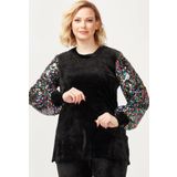 Moda Berray 3232 Siyah Kadife Kolu Disko Payetli Büyük Beden Kadın Bluz
