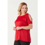 Moda Berray 3235 Kırmızı Açık Omuz Detaylı Saten Büyük Beden Şık Kadın Bluz